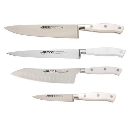 Set Promotional ARCOS "RIVIERA BLANC": Cutitul Bucatarului 200mm, Cutit pentru Fileuri 20cm, Cutit Santoku 180mm, Cutit de decojit 100mm